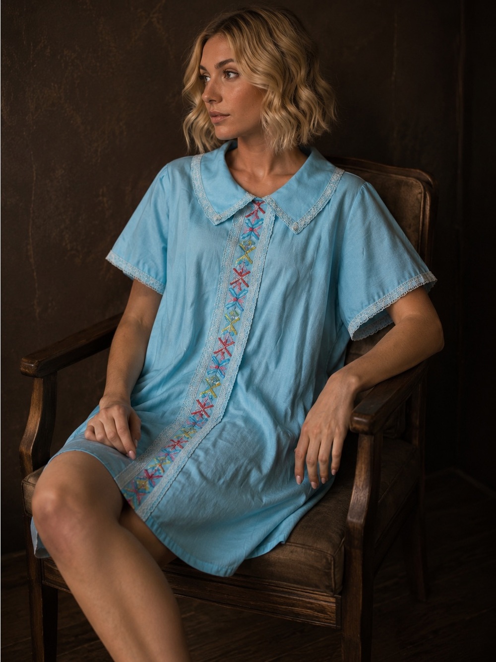 NWT Vtg Rodel 60’s Blue Lace Embroidered Snap House Coat Robe Night Gown Duster